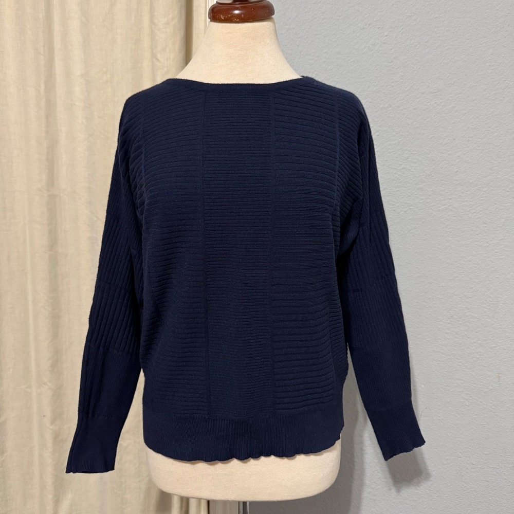 Tahari Womens Navy Blue Textured Ribbed‎ Knit Pullover Sweater Size L Minimalist